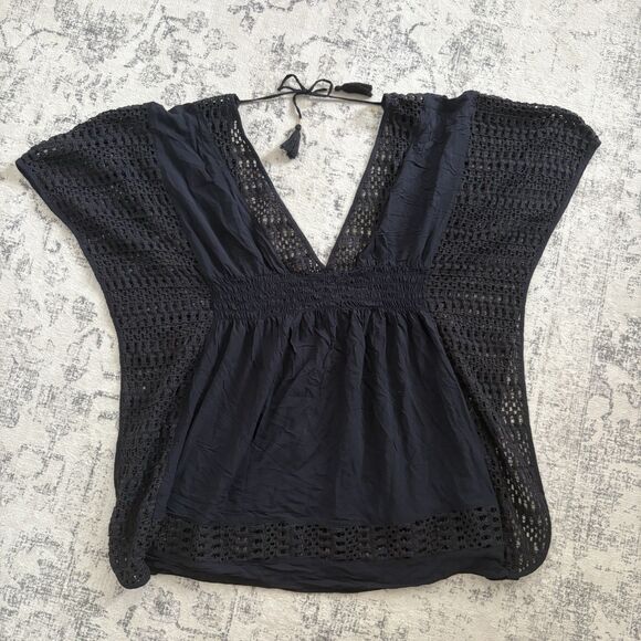 Abercrombie & Fitch Tops - Abercrombie & Fitch Y2K Black Crochet Kaftan Top Size M/L Peasant Boho V-neck